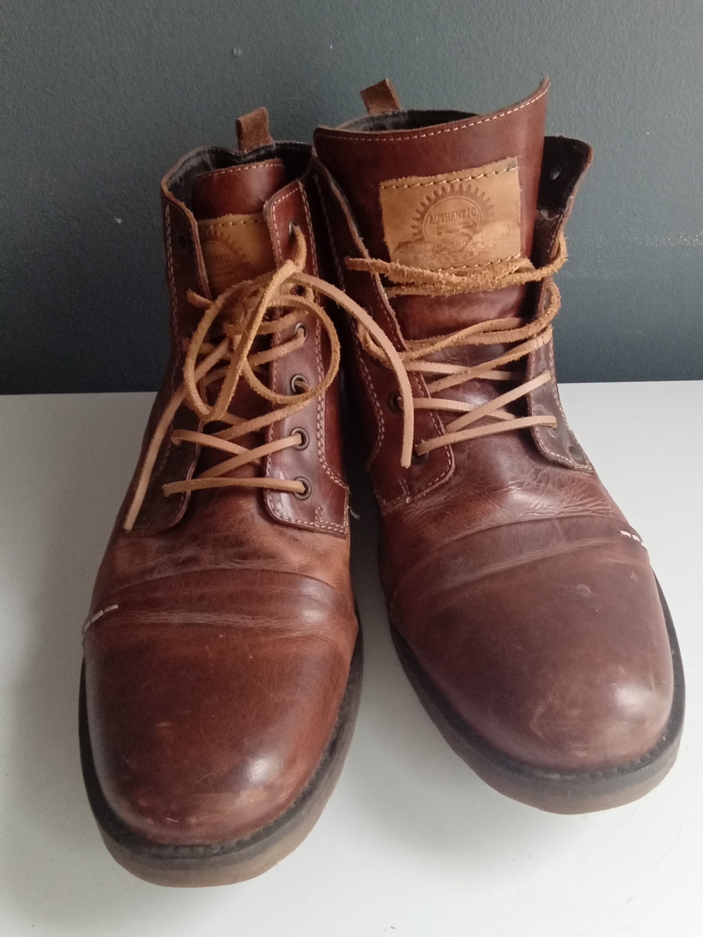 Authentic Brown Leather Lace Up Cap Toe Boots Mens Size 44‎